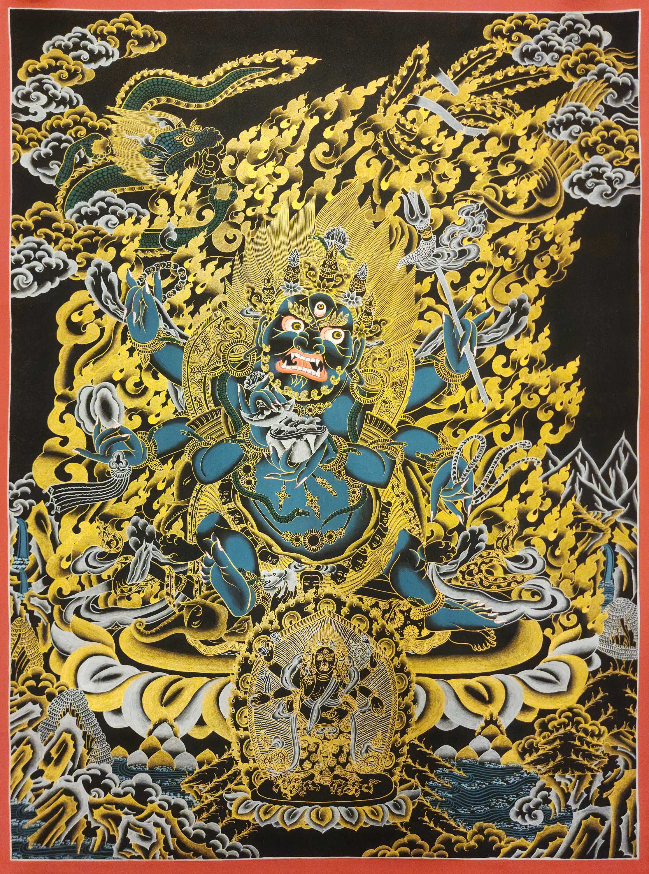 Black Mahakala 6 Arms Thangka, <span Style=