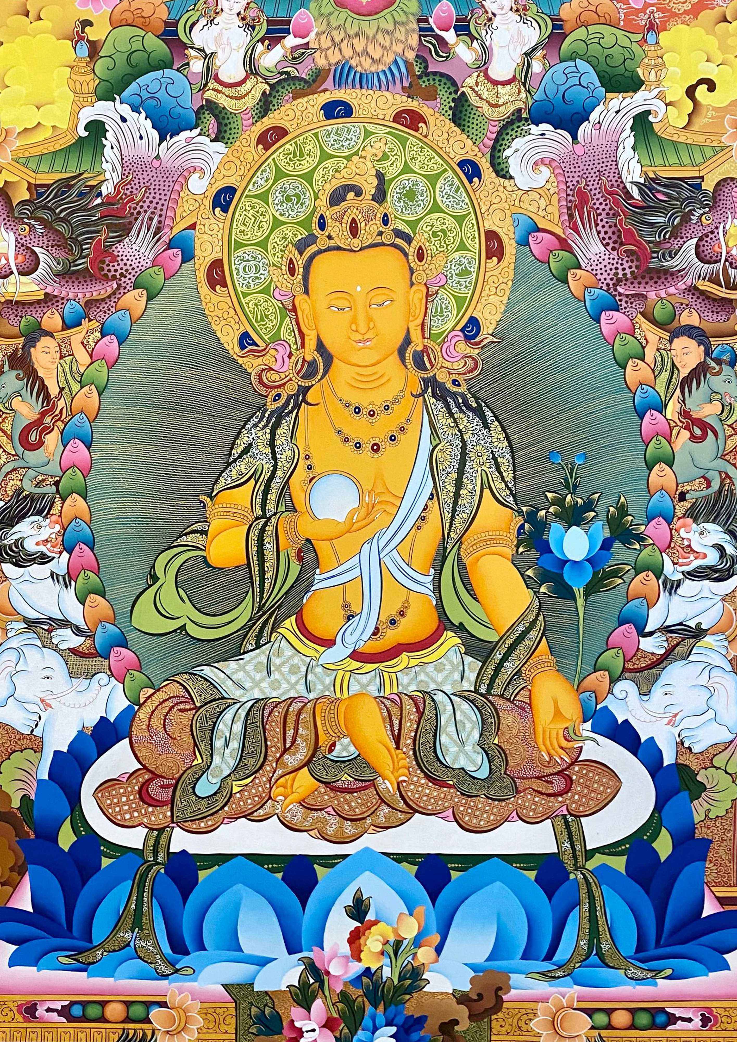 Ksitigarbha Thangka, Tibetan Buddhist Art, Hand Painted, real Gold
