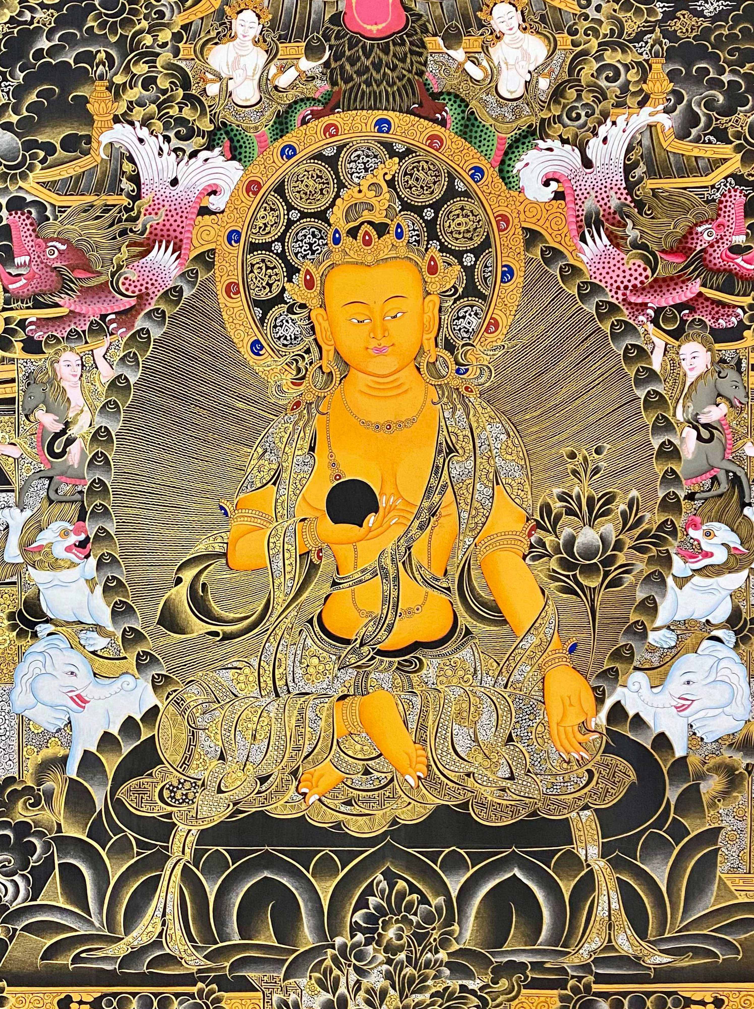 Ksitigarbha Thangka, Tibetan Buddhist Art, Hand Painted, real Gold