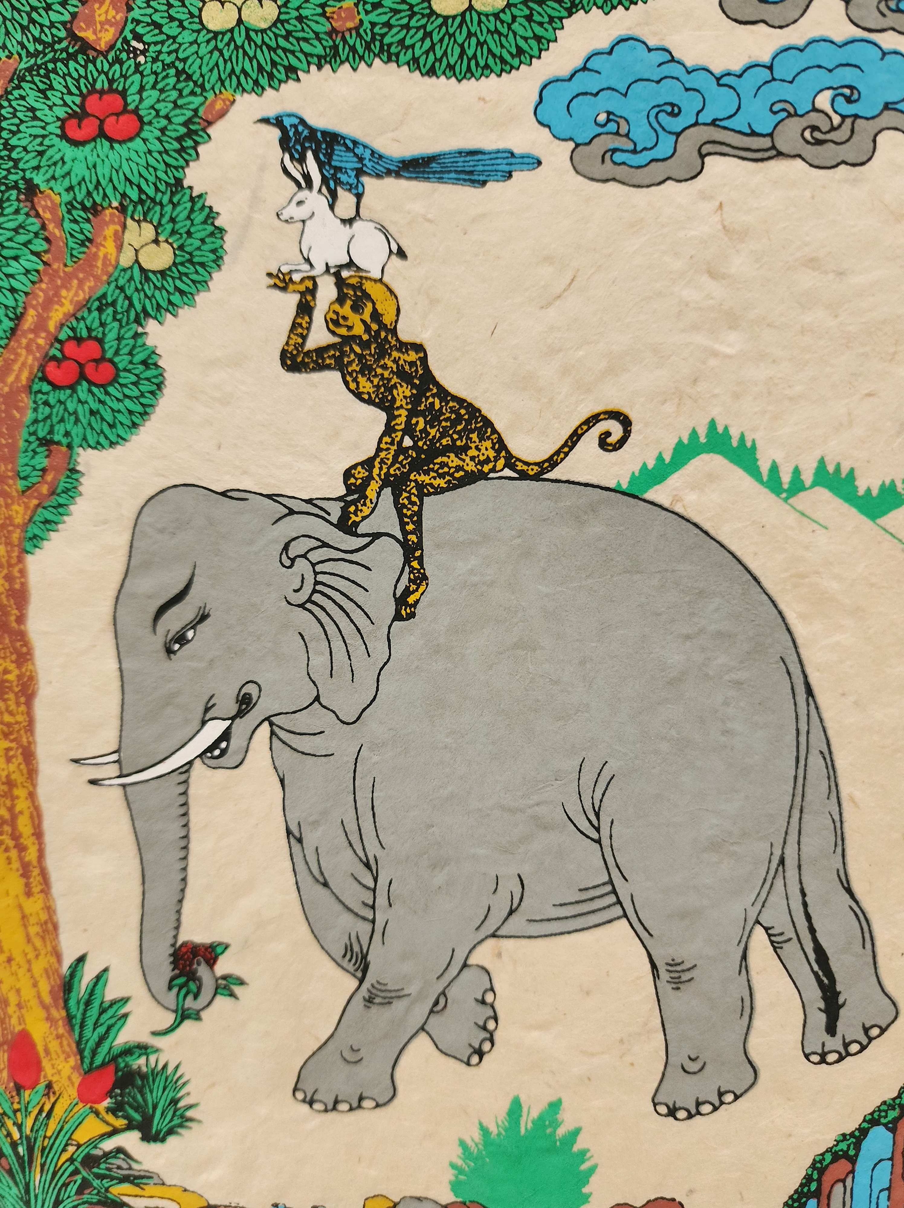 Four Friends, Buddhist Scroll, Made In Lokta Paper, screen Printed, And Hand-painted, Spiritual Friends