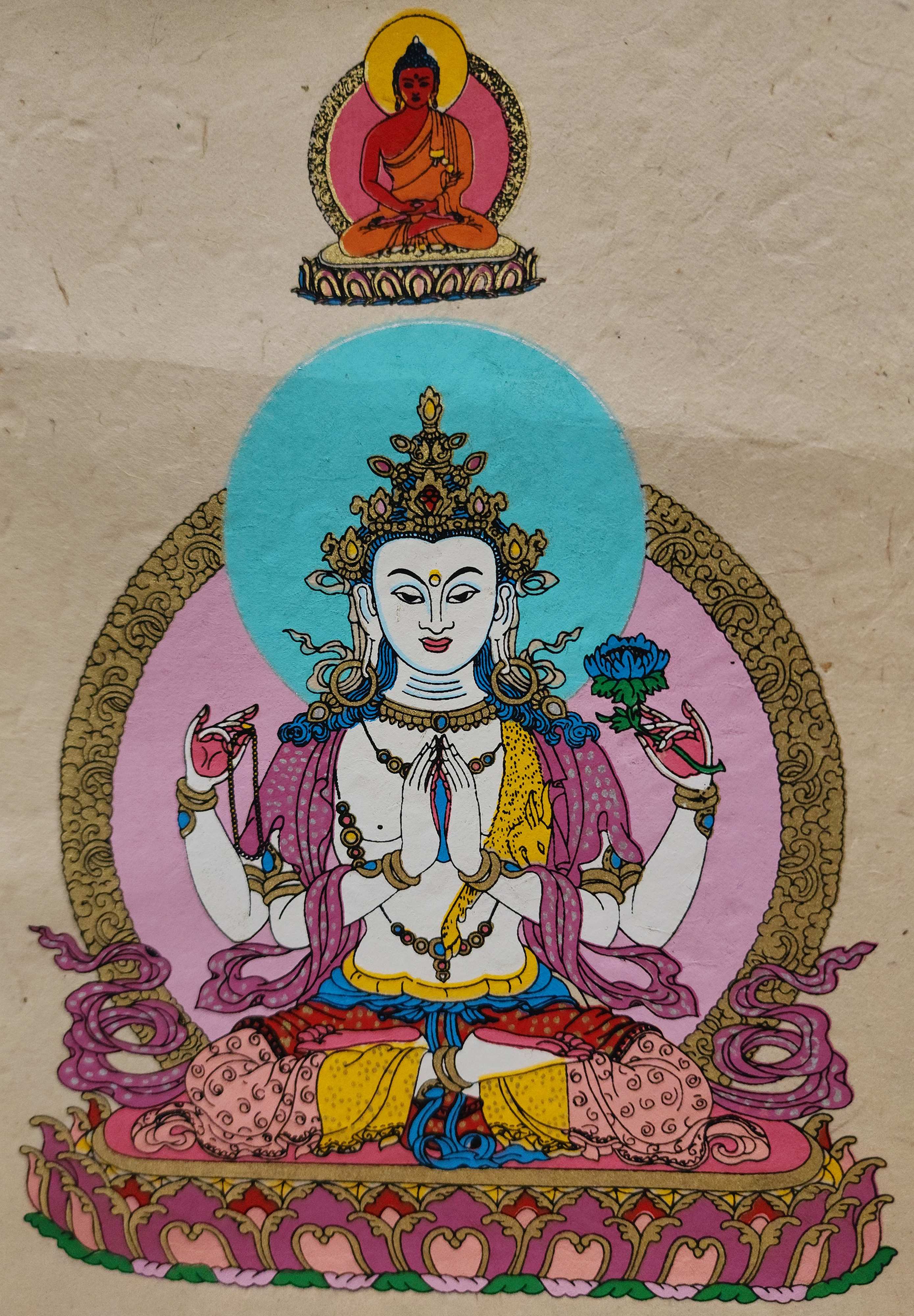 Chenrezig, Buddhist Scroll, Made In Lokta Paper, screen Printed, And Hand-painted