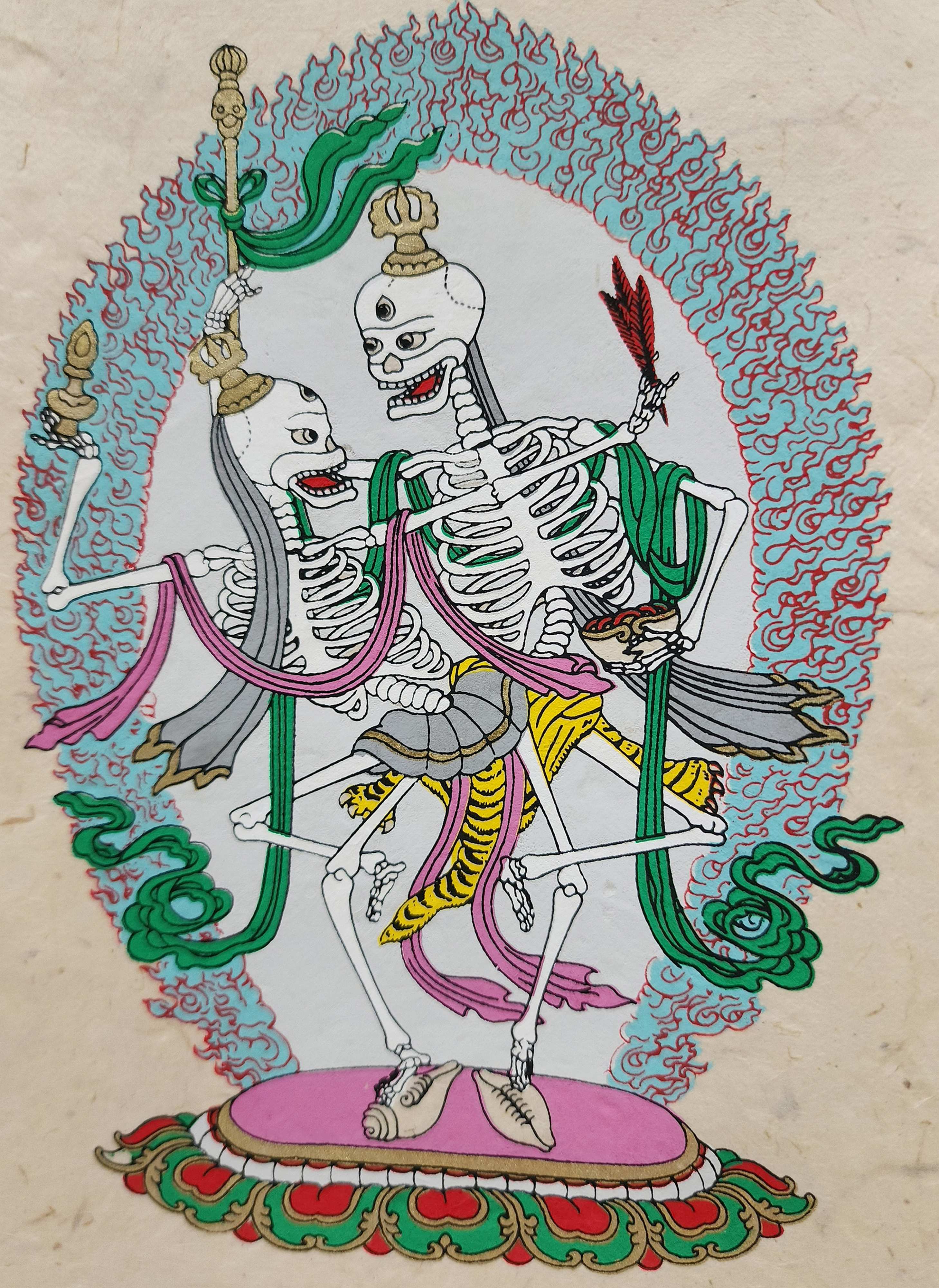 Citipati, Buddhist Scroll, Made In Lokta Paper, screen Printed, And Hand-painted