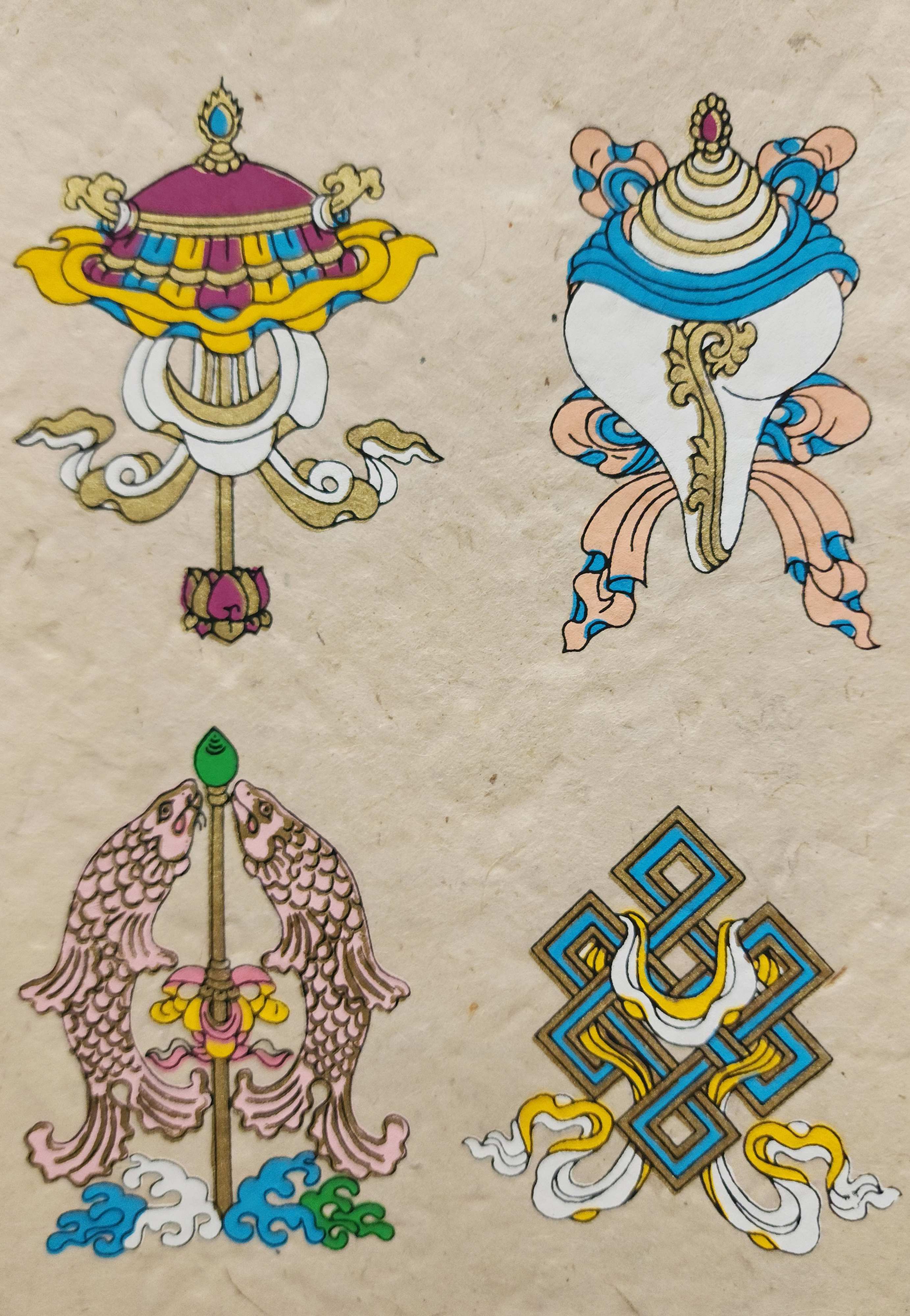 Eight Auspicious Symbols, Buddhist Scroll, Made In Lokta Paper, screen Printed, And Hand-painted