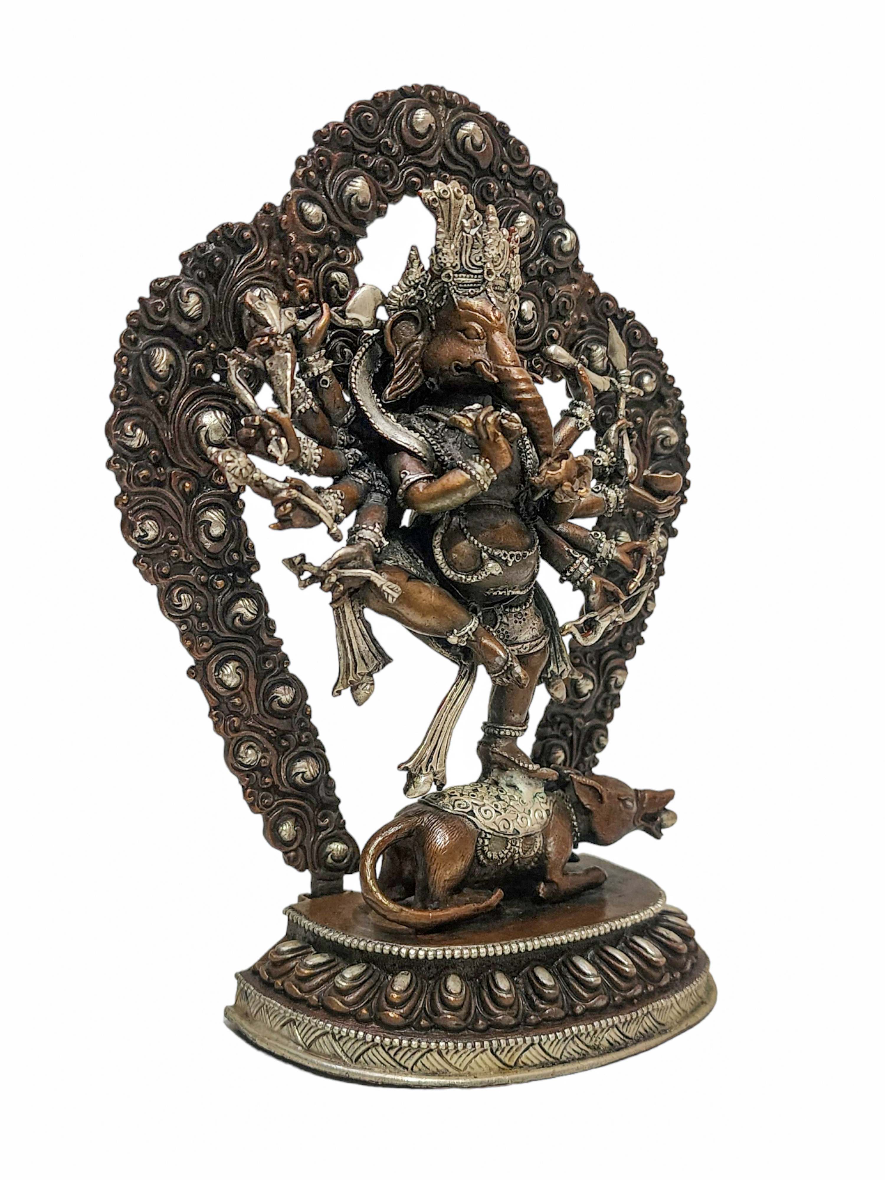 ganesh, Buddhist Handmade Statue, silver Plated, With painted Face, chocolate Oxidized