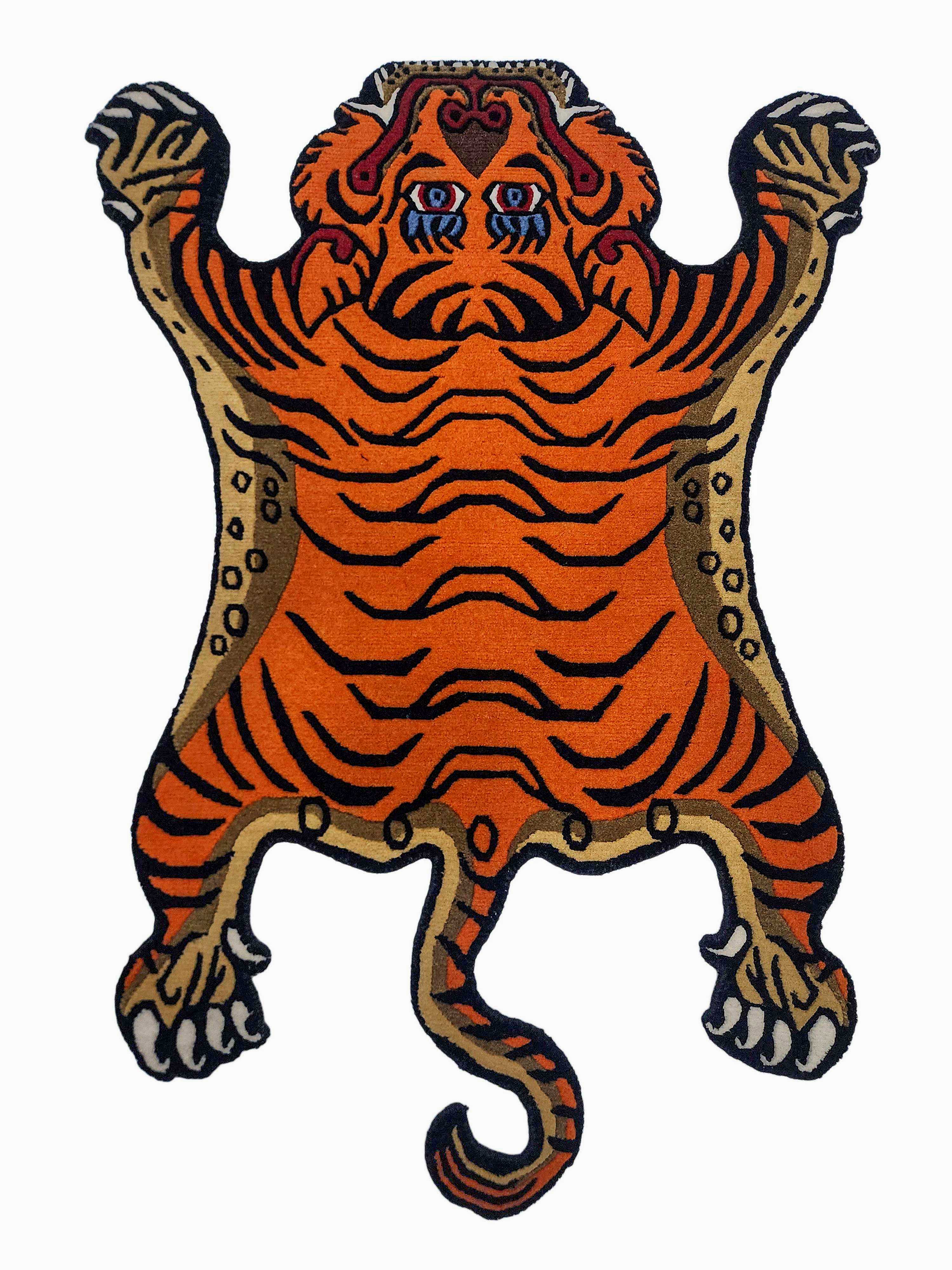 Handwoven Tiger Design Rug From Nepal, Orange-red Color, Small Size