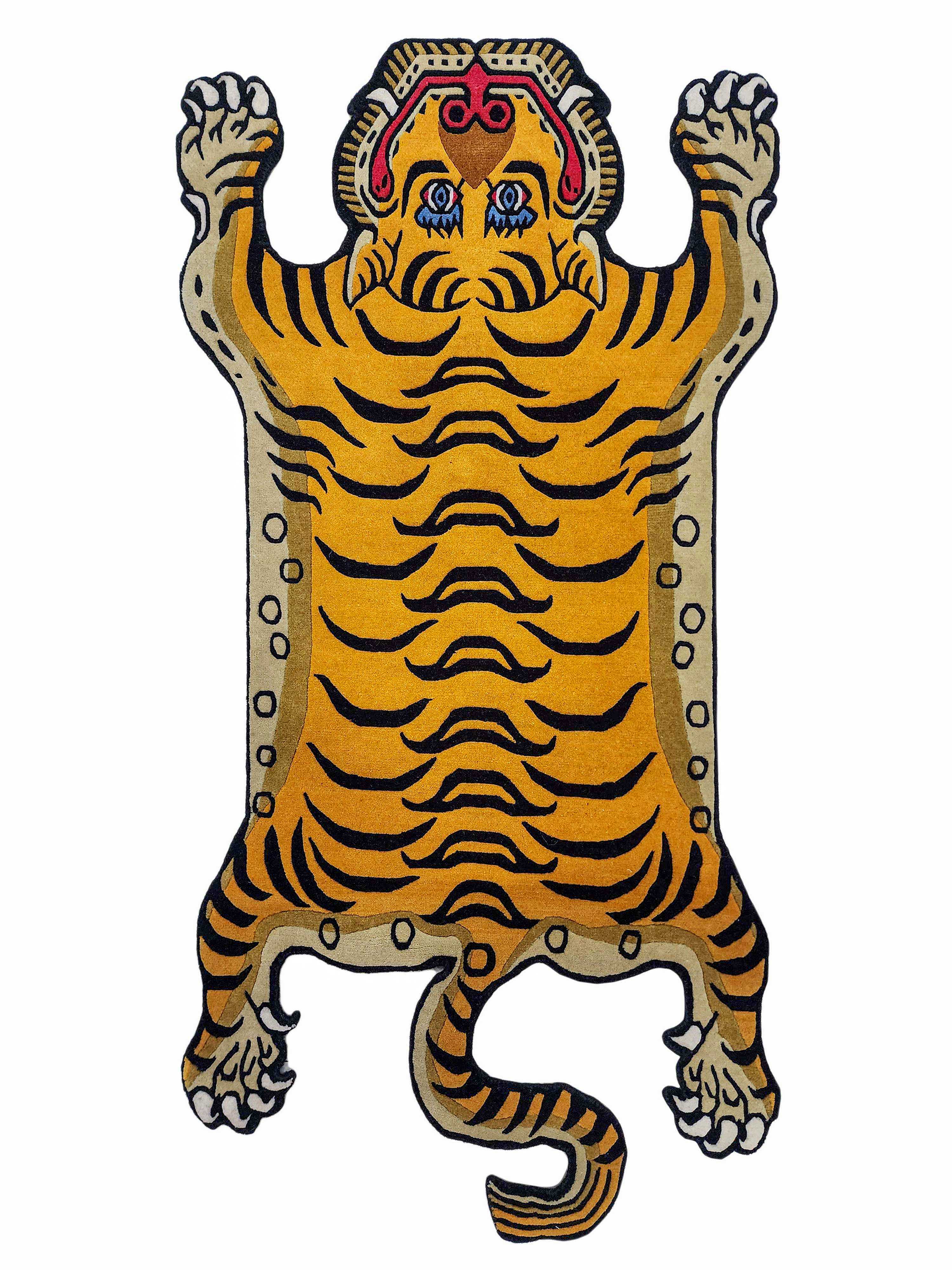 Handwoven Tiger Design Rug From Nepal, Golden Yellow Color, Medium Size