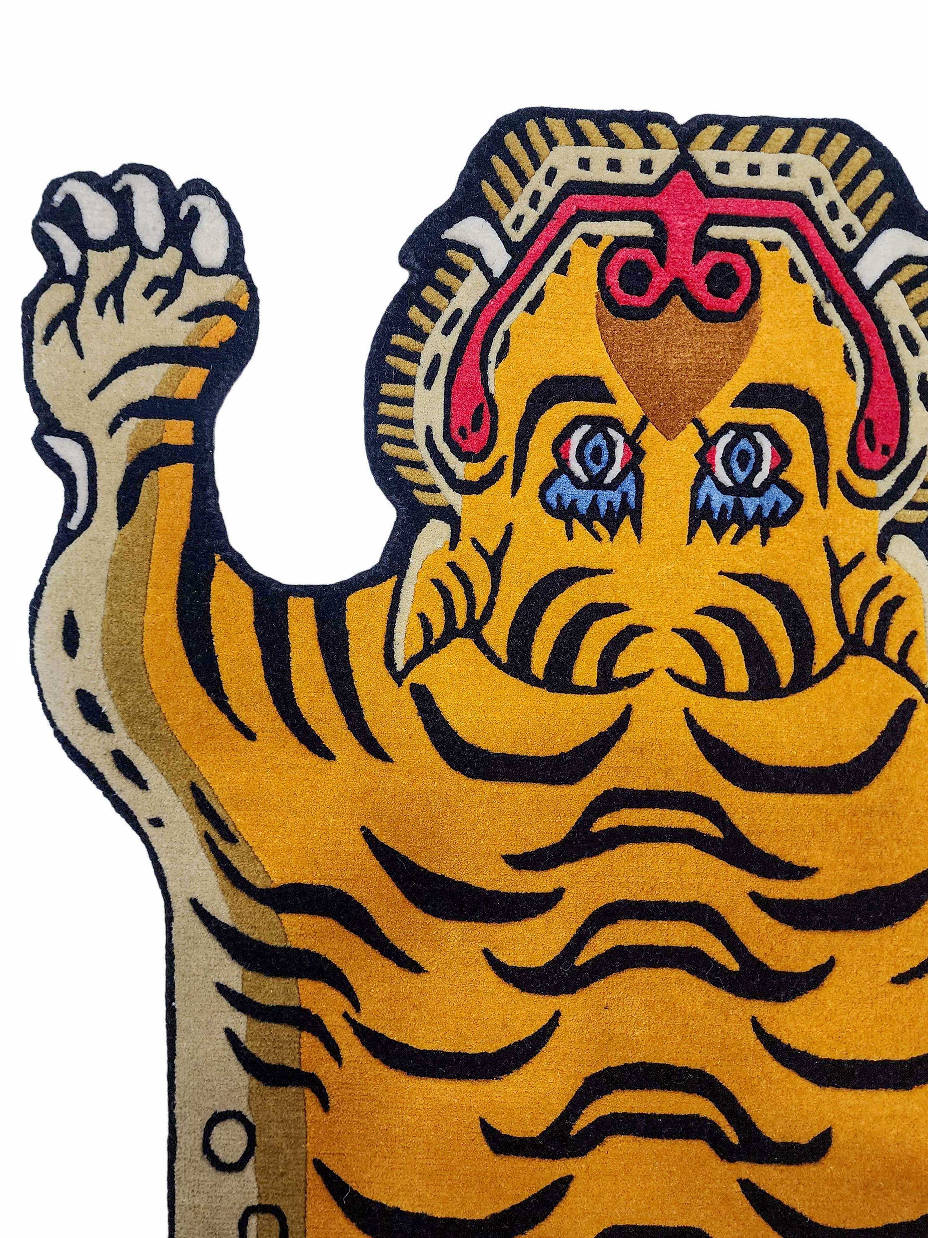 Handwoven Tiger Design Rug From Nepal, Golden Yellow Color, Medium Size