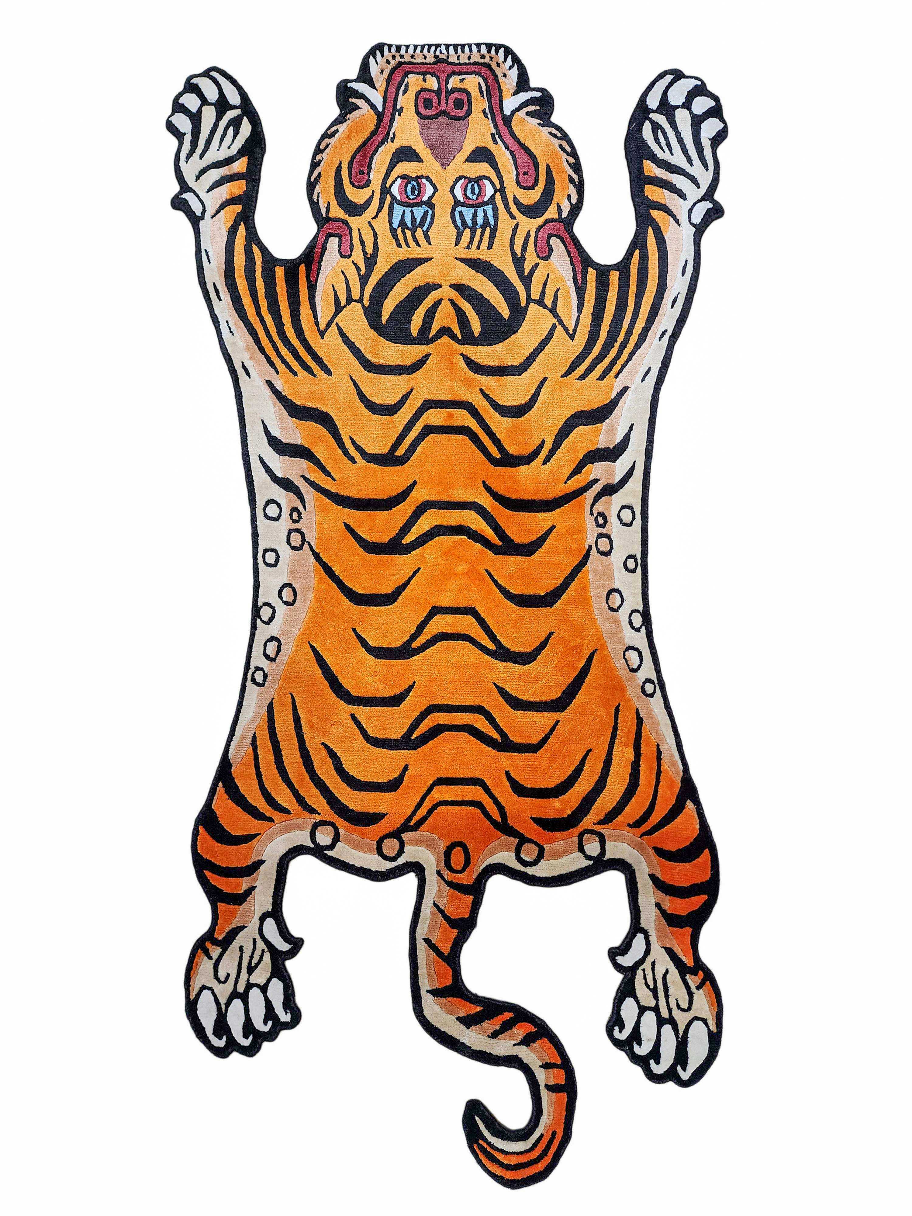 Handwoven Tiger Design Rug From Nepal, Orange Color, Medium Size