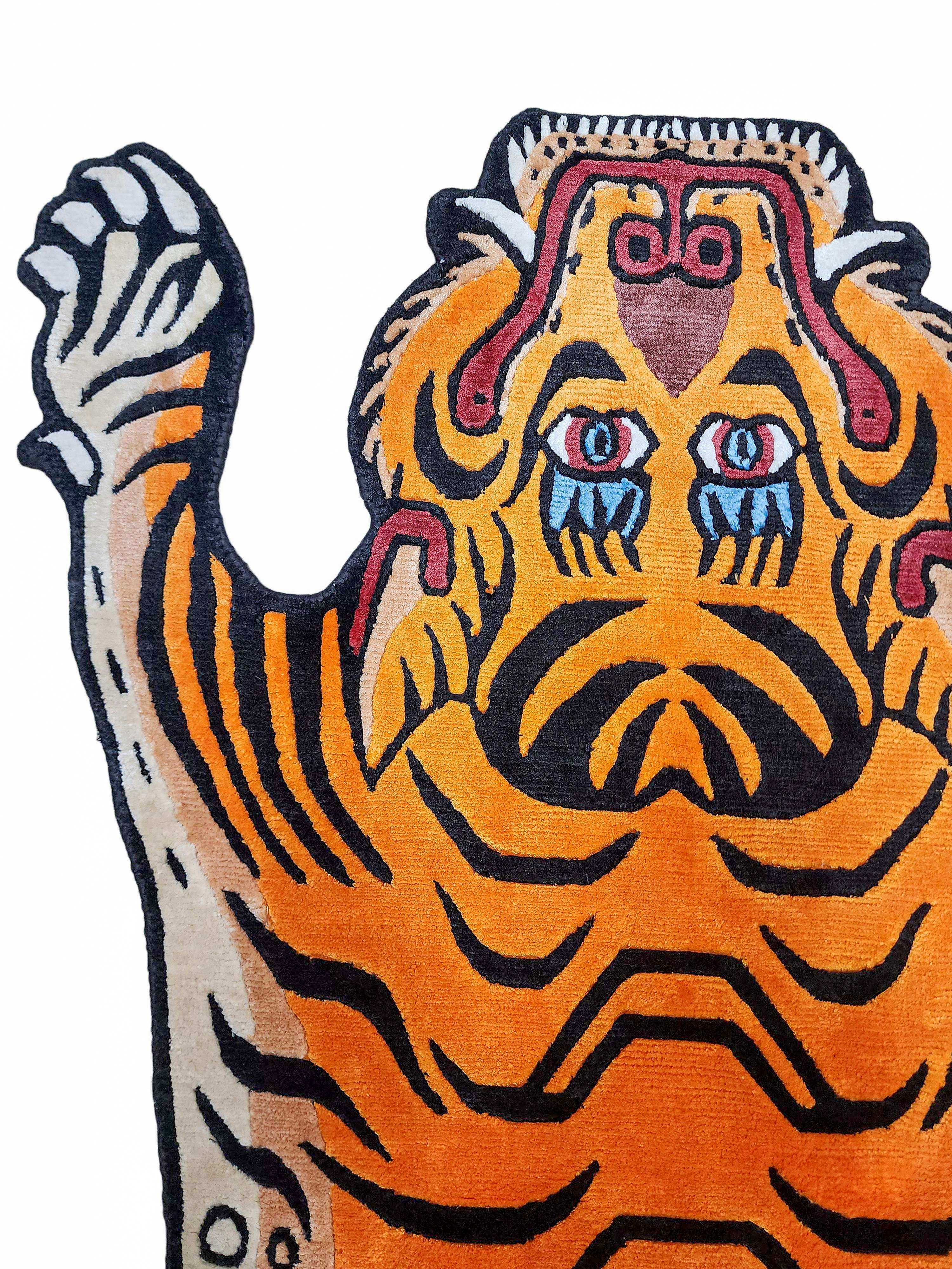 Handwoven Tiger Design Rug From Nepal, Orange Color, Medium Size