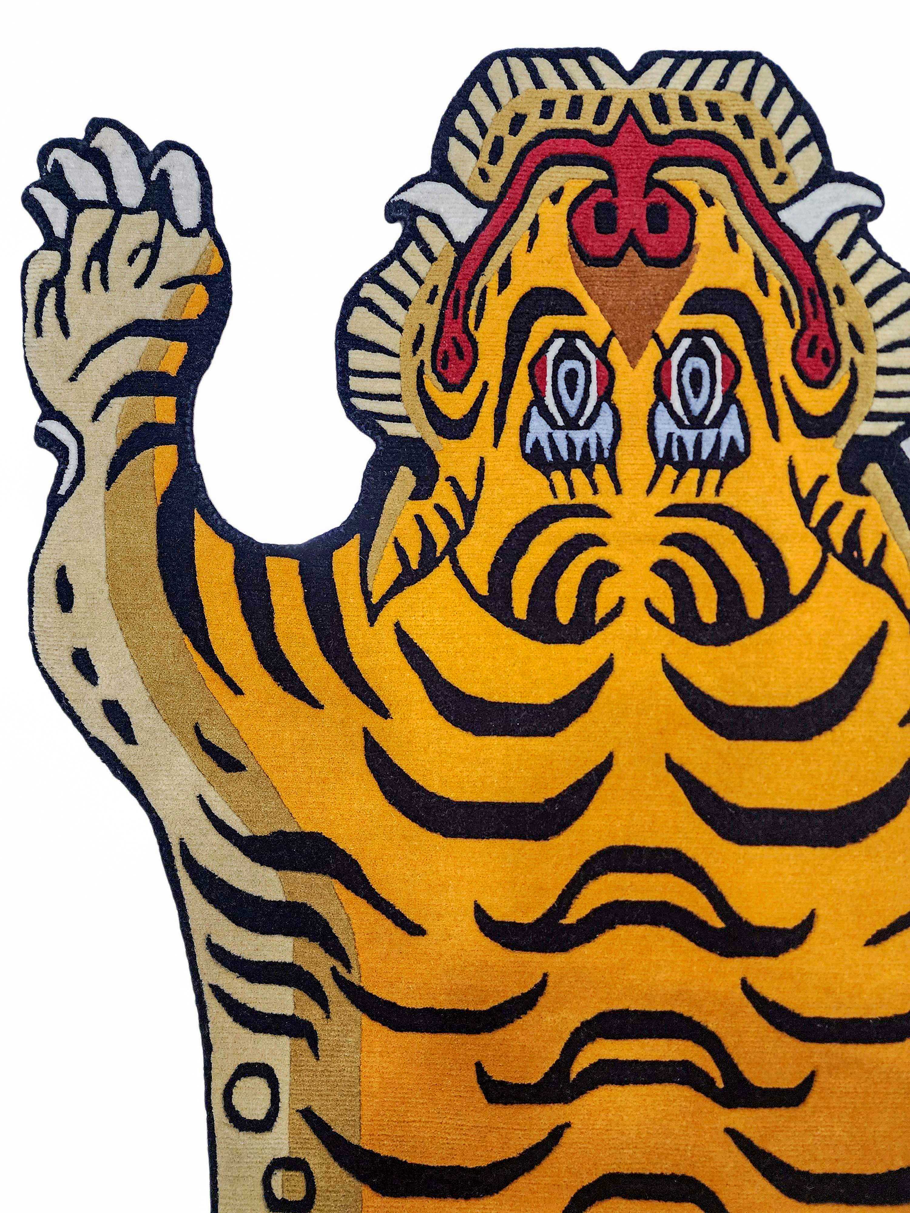 Handwoven Tiger Design Rug From Nepal, Orange-yellow Color, Large Size