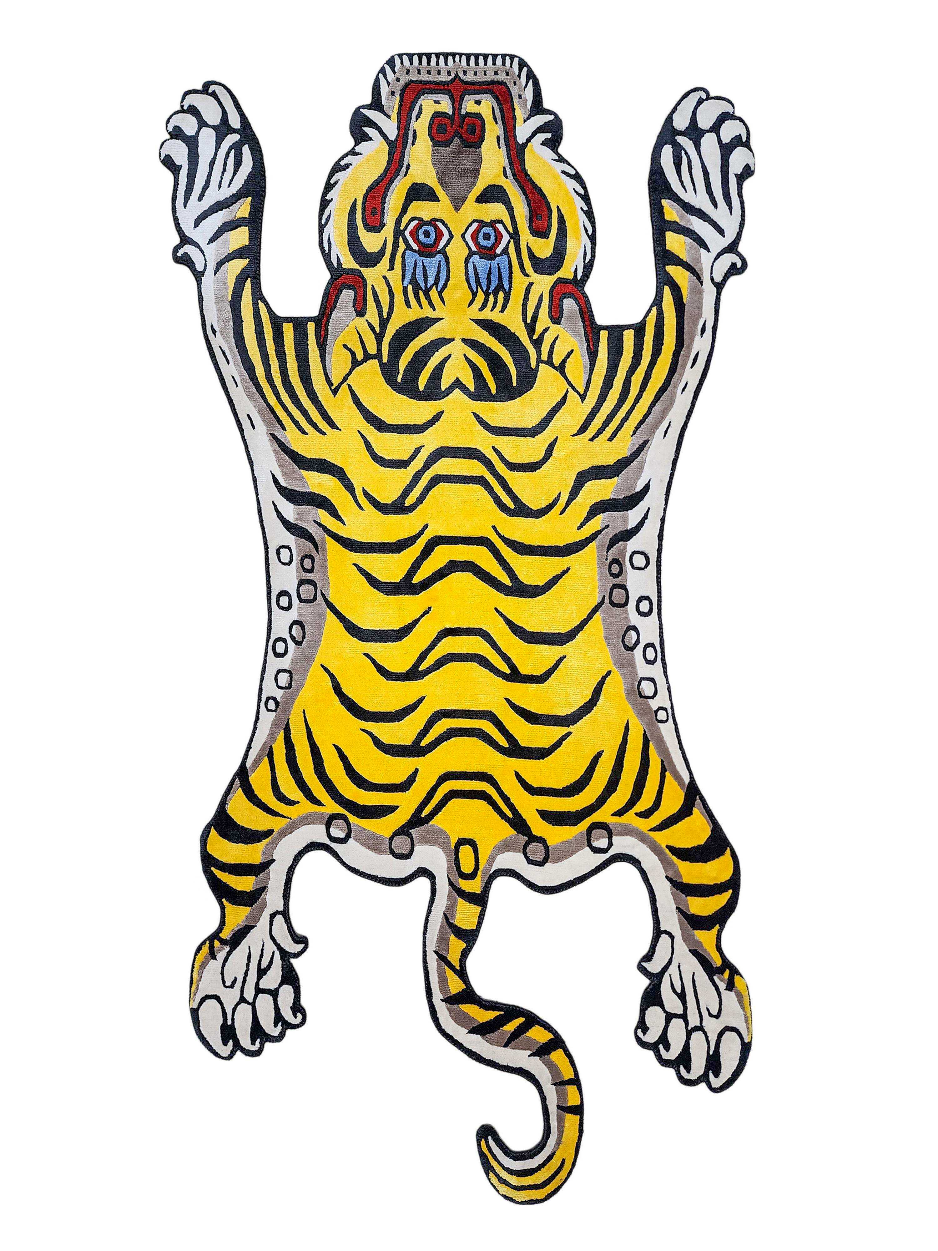 Handwoven Tiger Design Rug From Nepal, Yellow Color, Large Size