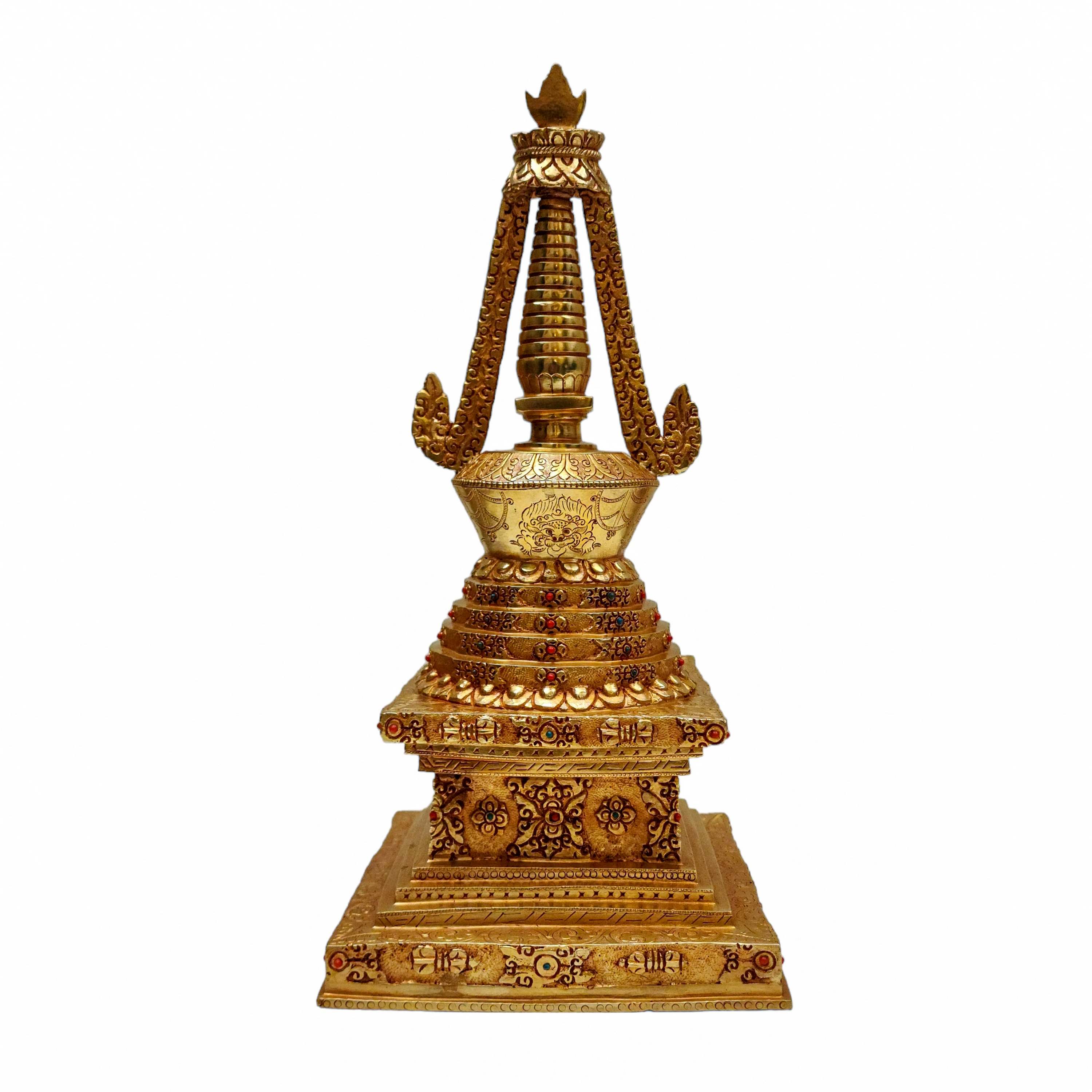 stupa, Buddhist Handmade Staue, With gold Plated, stone Setting