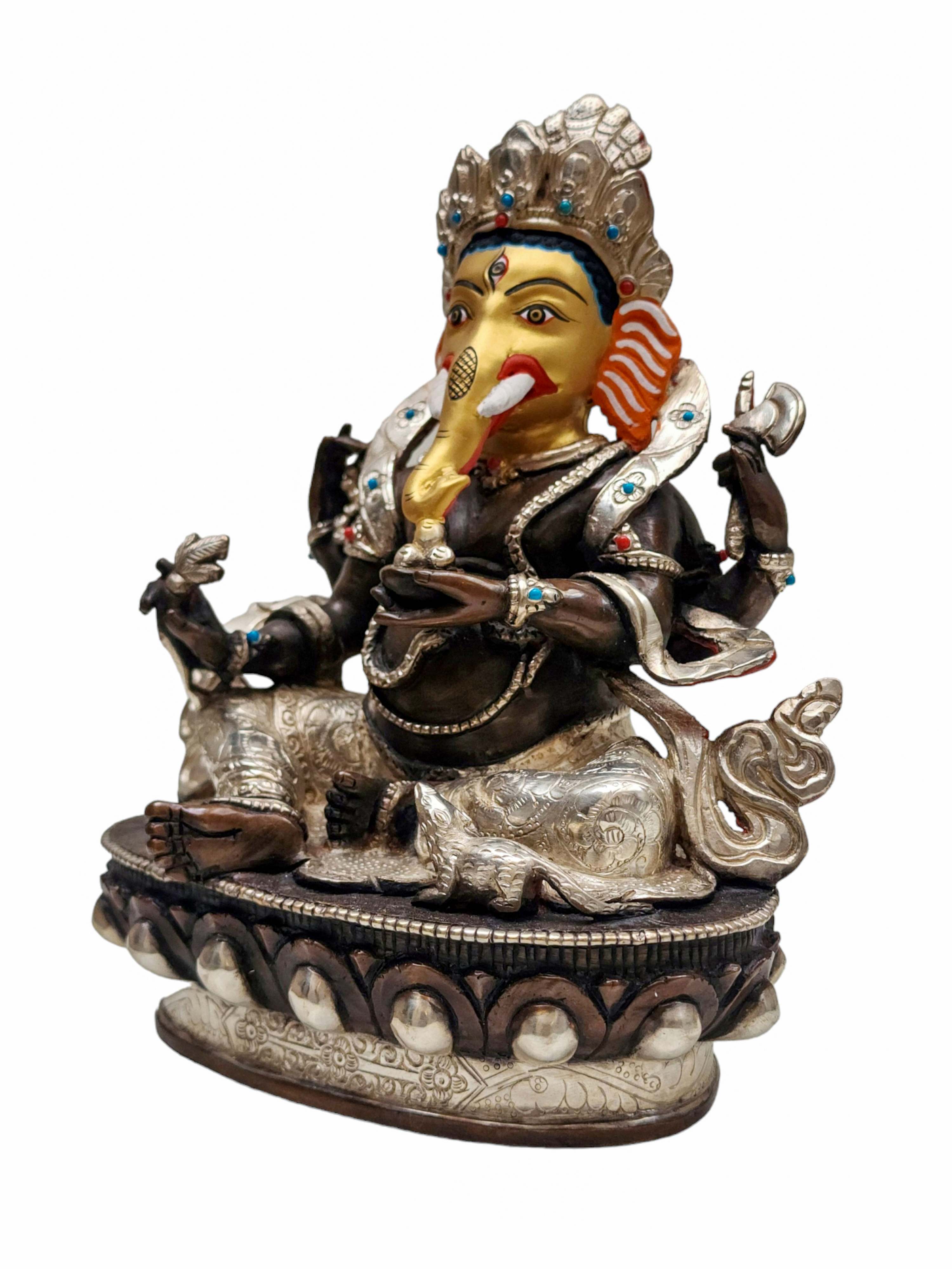 ganesh, Buddhist Handmade Statue, silver And Chocolate Oxidized, Wtih face Painted