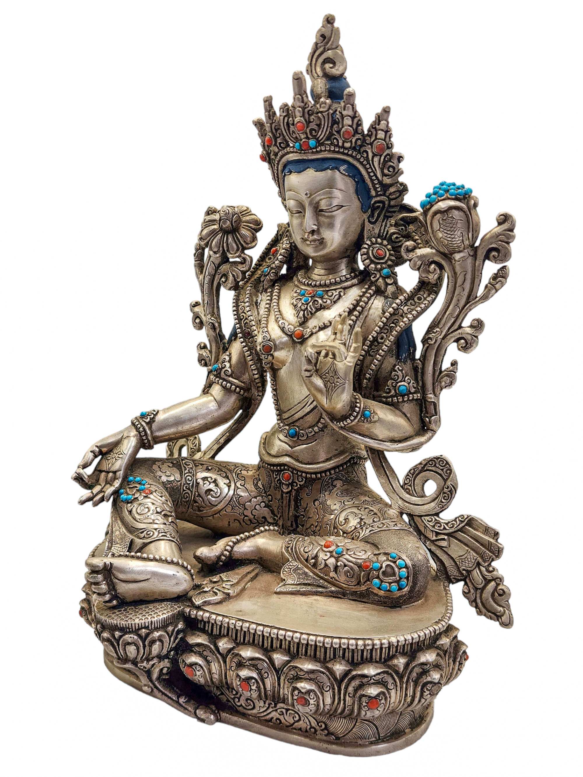 Real Silver green Tara, master Quality, Buddhist Statue, silver Statue Stone Setting, rare Find