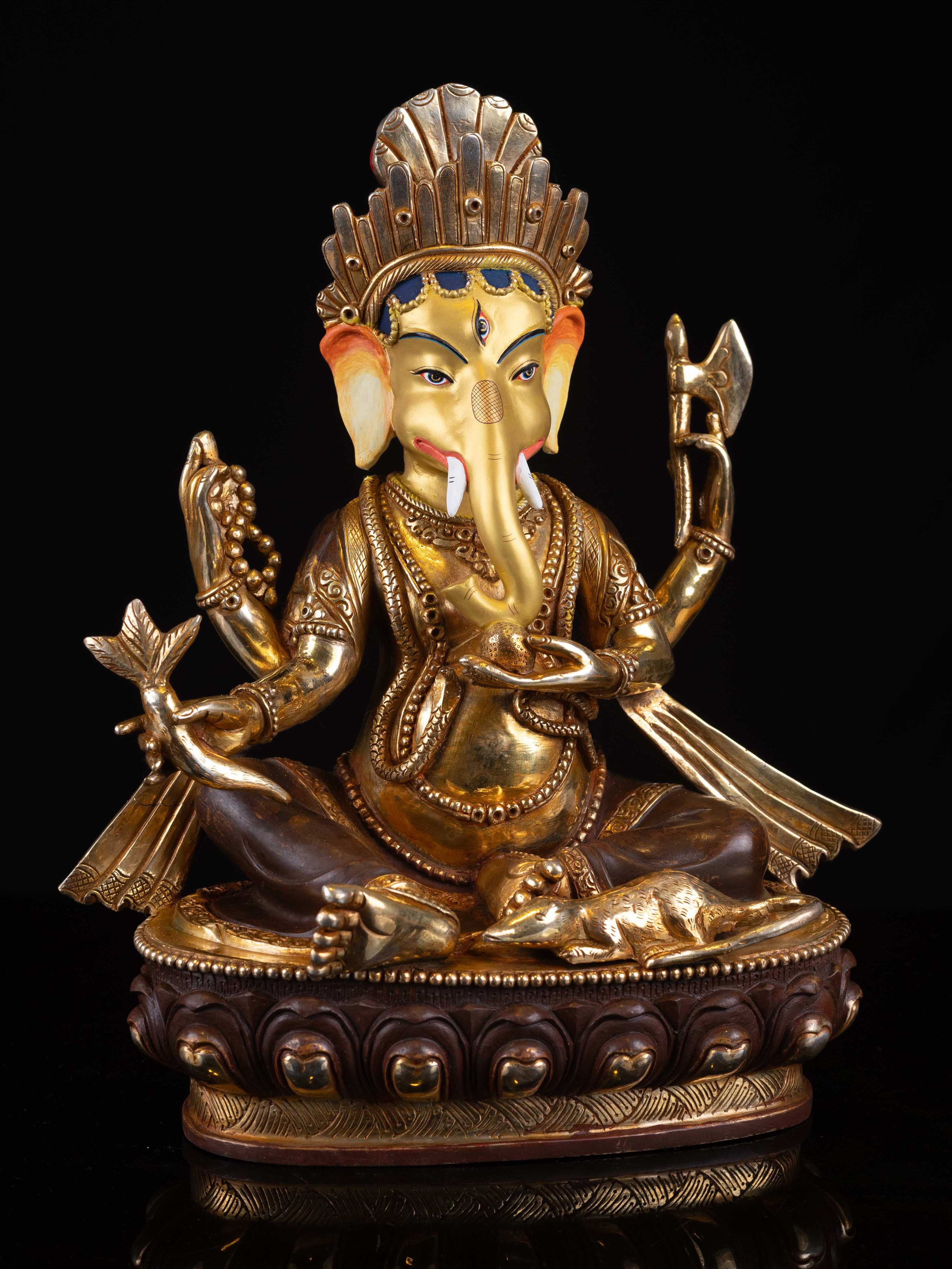 ganesh, Buddhist Handmade Statue, full Gold Plated, face Painted