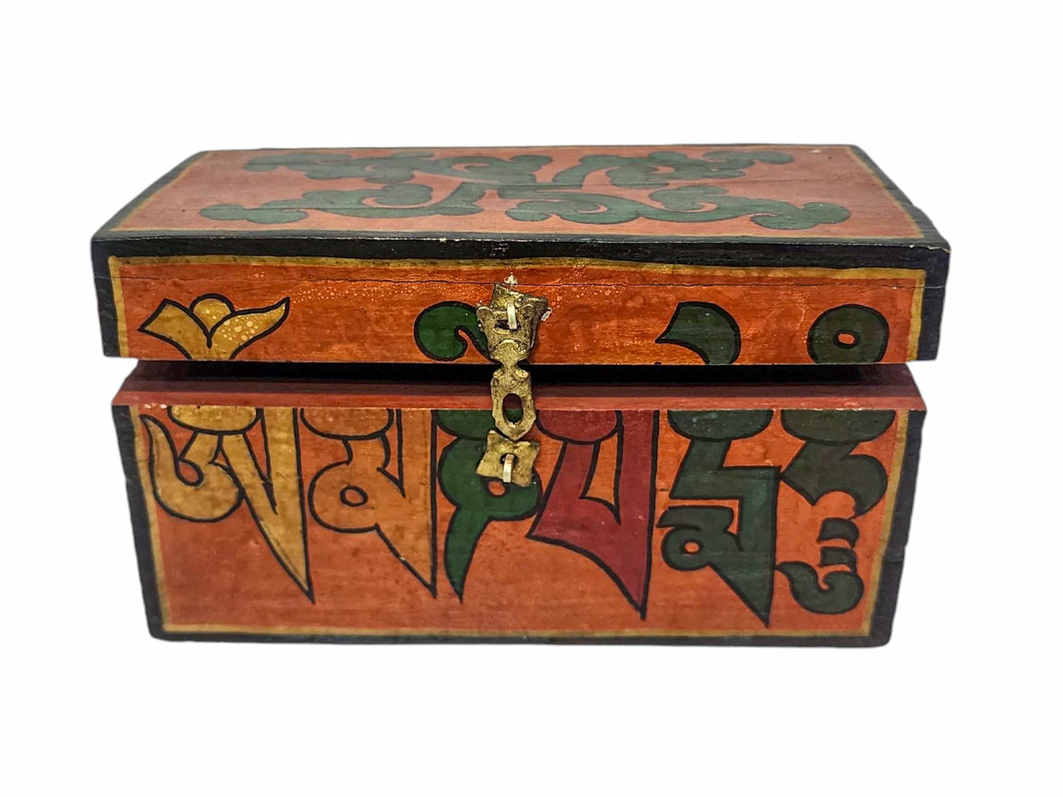 Tibetan Ritual Wooden Omph Box, Traditional Color Painted