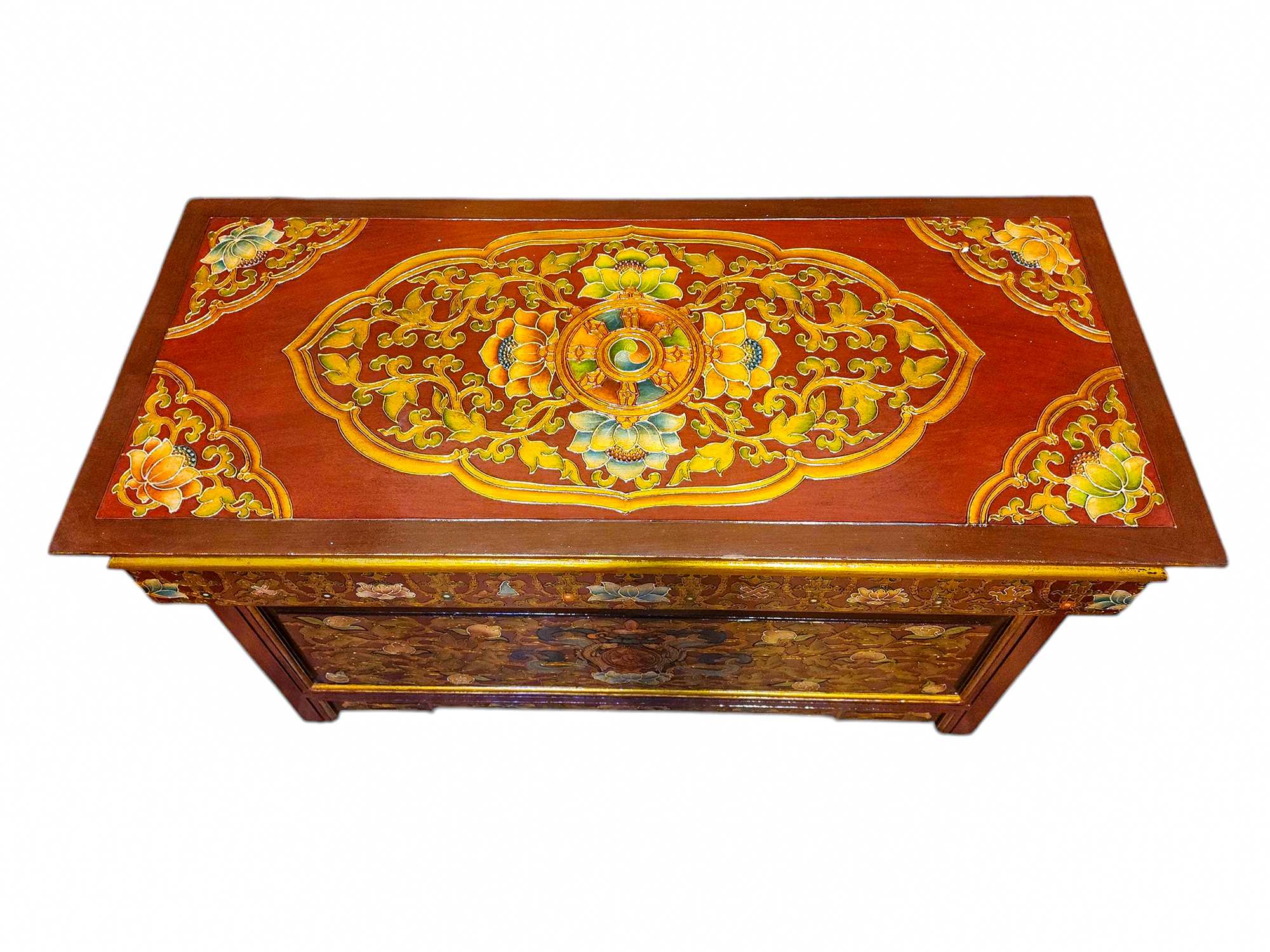 Large Tibetan Foldable Meditational Table With Fish And Flower Design, Wooden, painted, Hand Carved