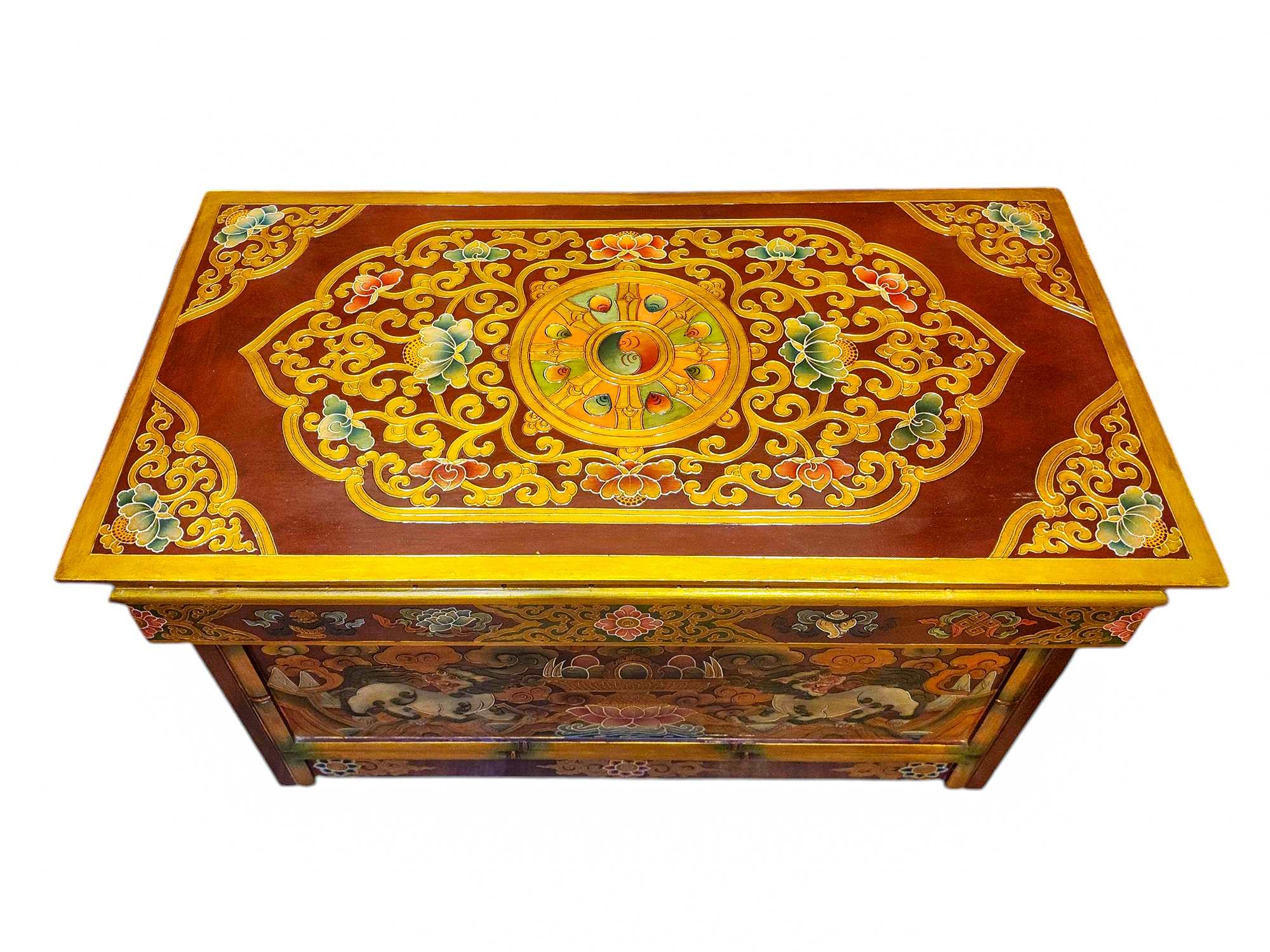 Large Tibetan Foldable Meditational Wooden Table With Temple Lion,painted, Hand Carved