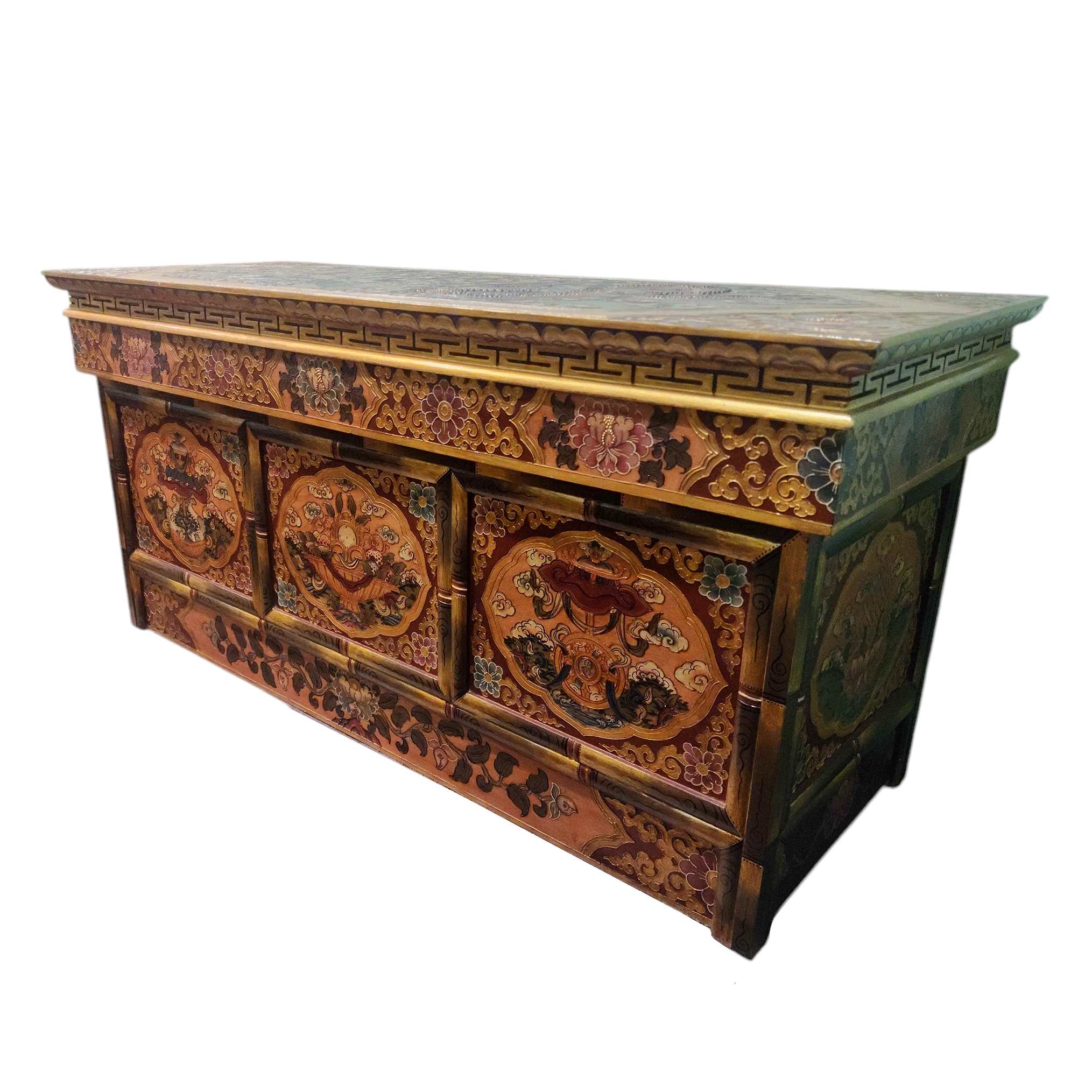 Large Tibetan Foldable Meditational Table Ashtamangala Design, Wooden, painted, Hand Carved