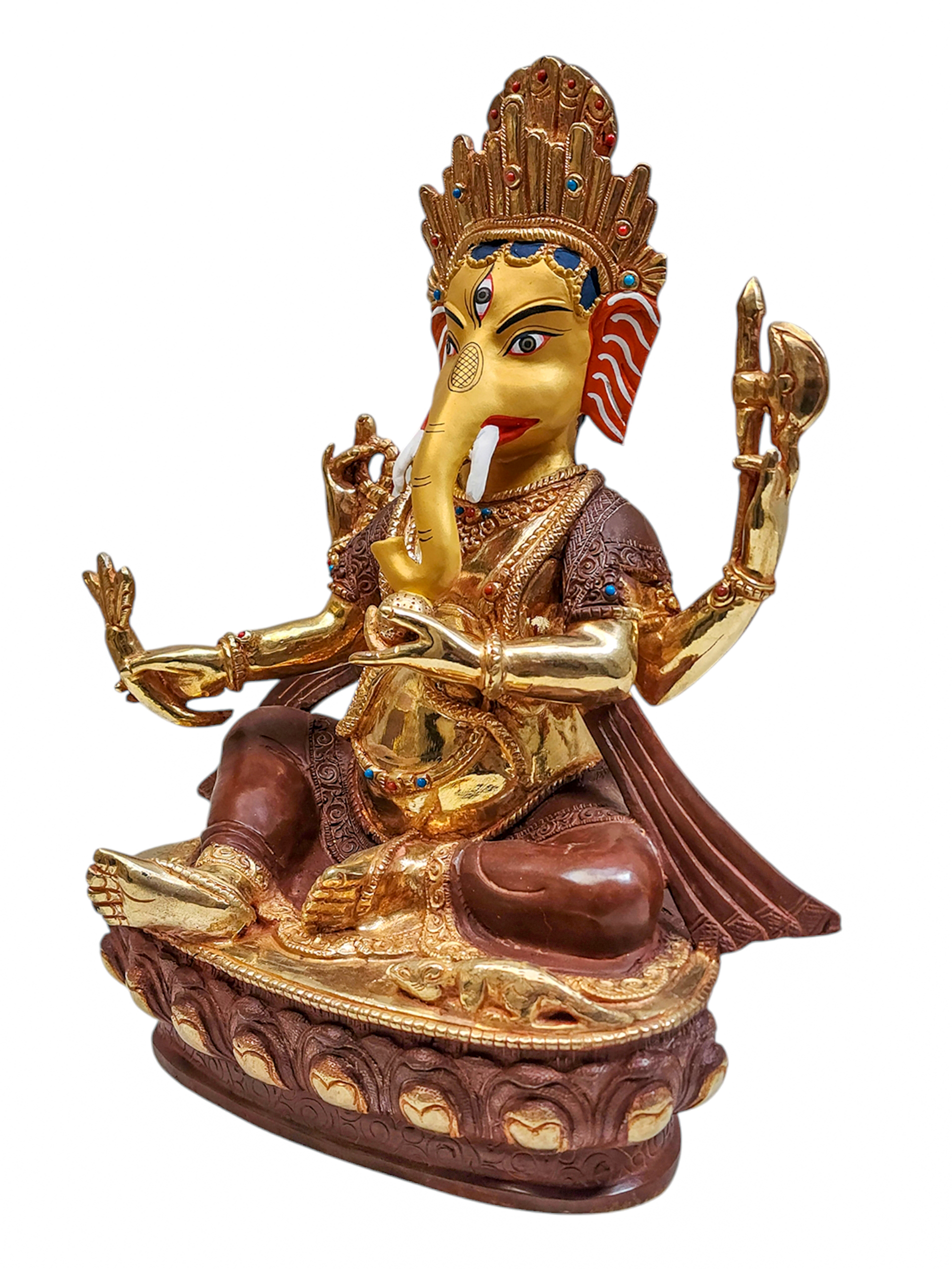 ganesh, Tibetan Buddhist Handmade Statue, Partly Gold Plated, Painted Face