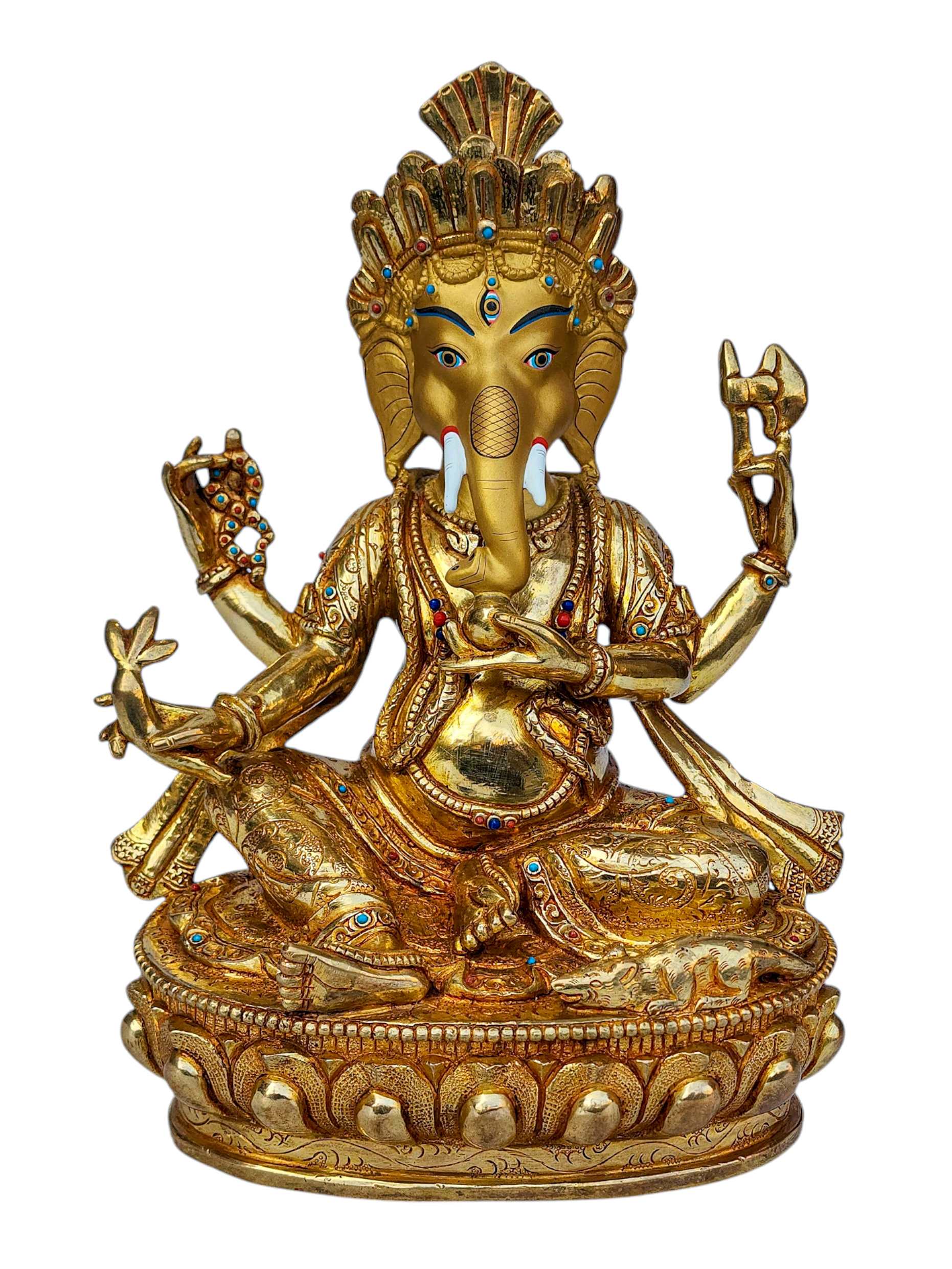 ganesh, Buddhist Handmade Statue, full Gold Plated, face Painted, stone Setting And high Quality