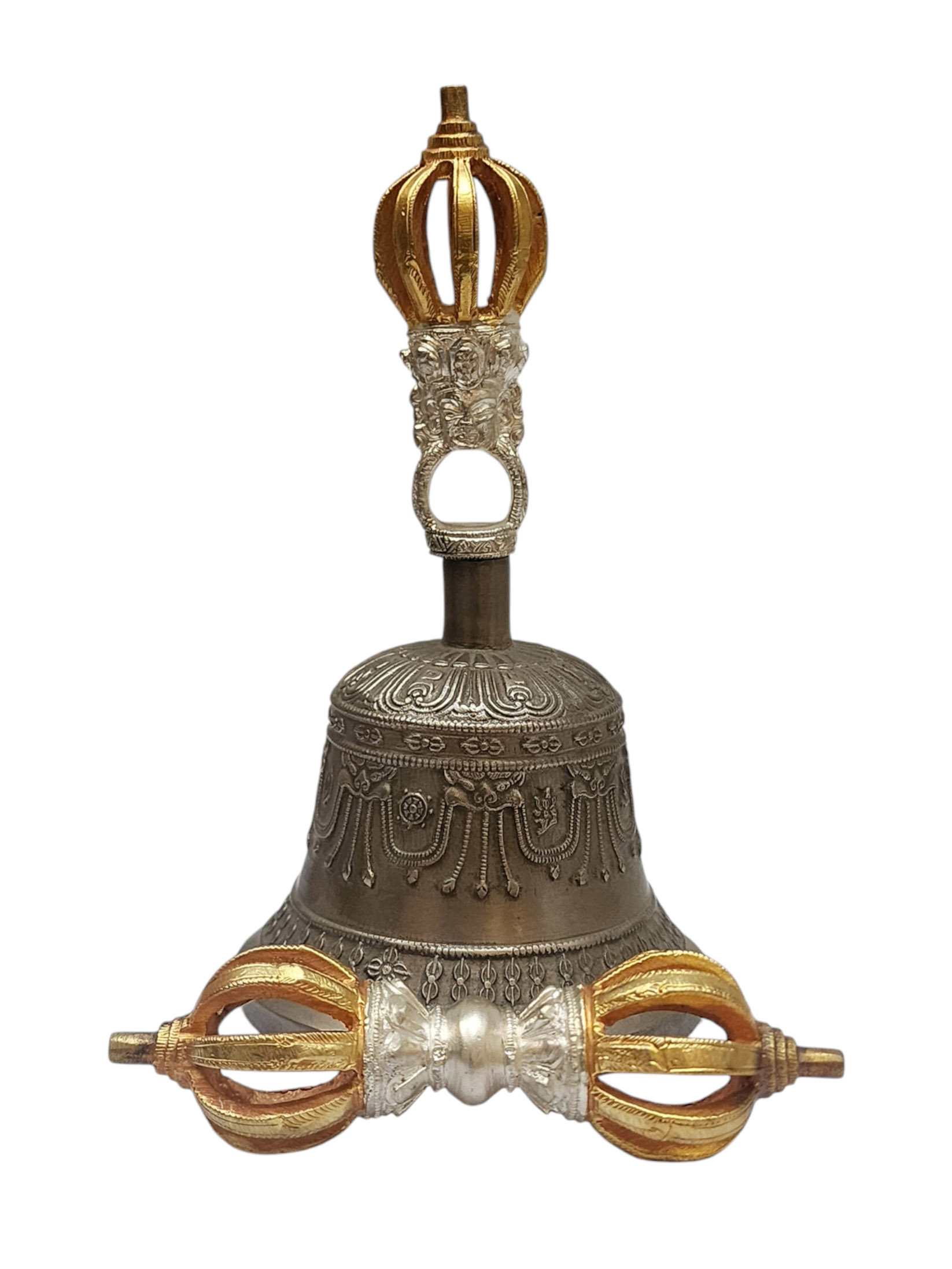 Pure 9 Point Bronze Bell And Vajra dorje Set - Gold And Silver-plated Top, High-quality Sound And Finishing, Made In Dehradun