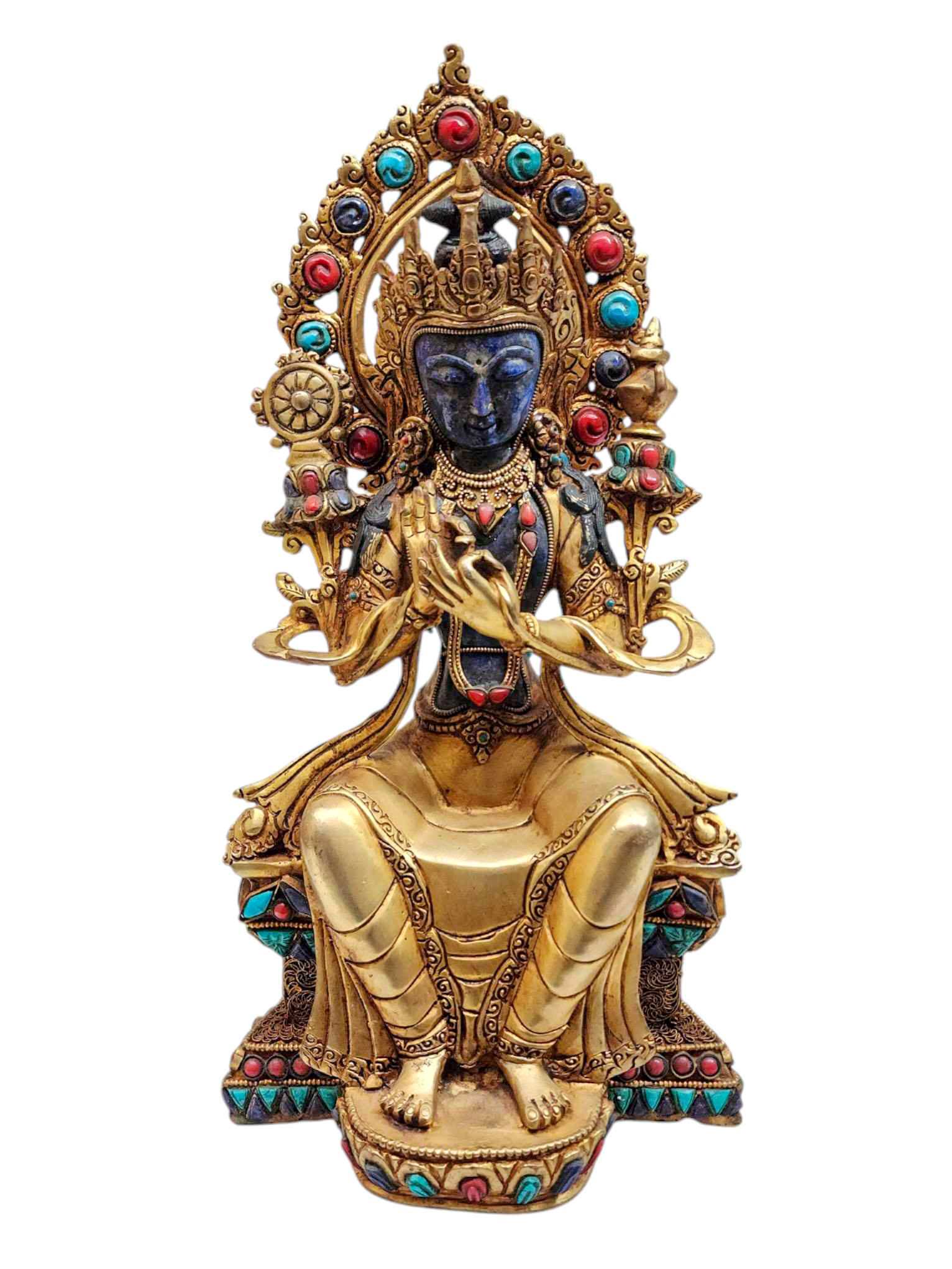 Lapis Maitreya Statue With metal - Stone Craft - Partly Gold Plated