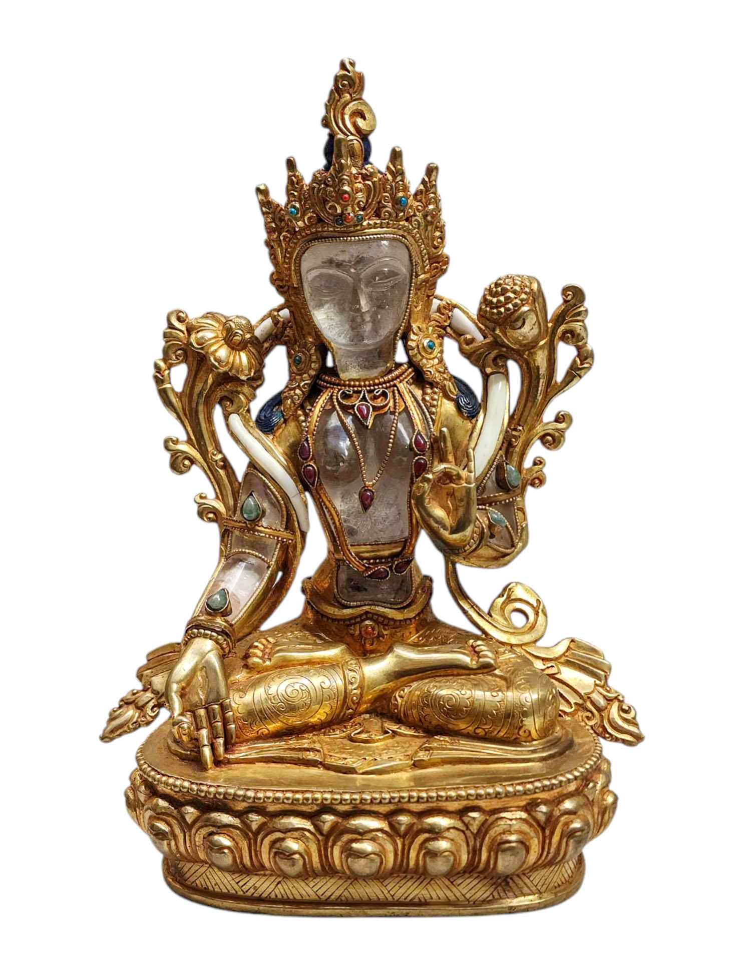 Crystal White Tara Statue With metal - Stone Craft - Partly Gold Plated