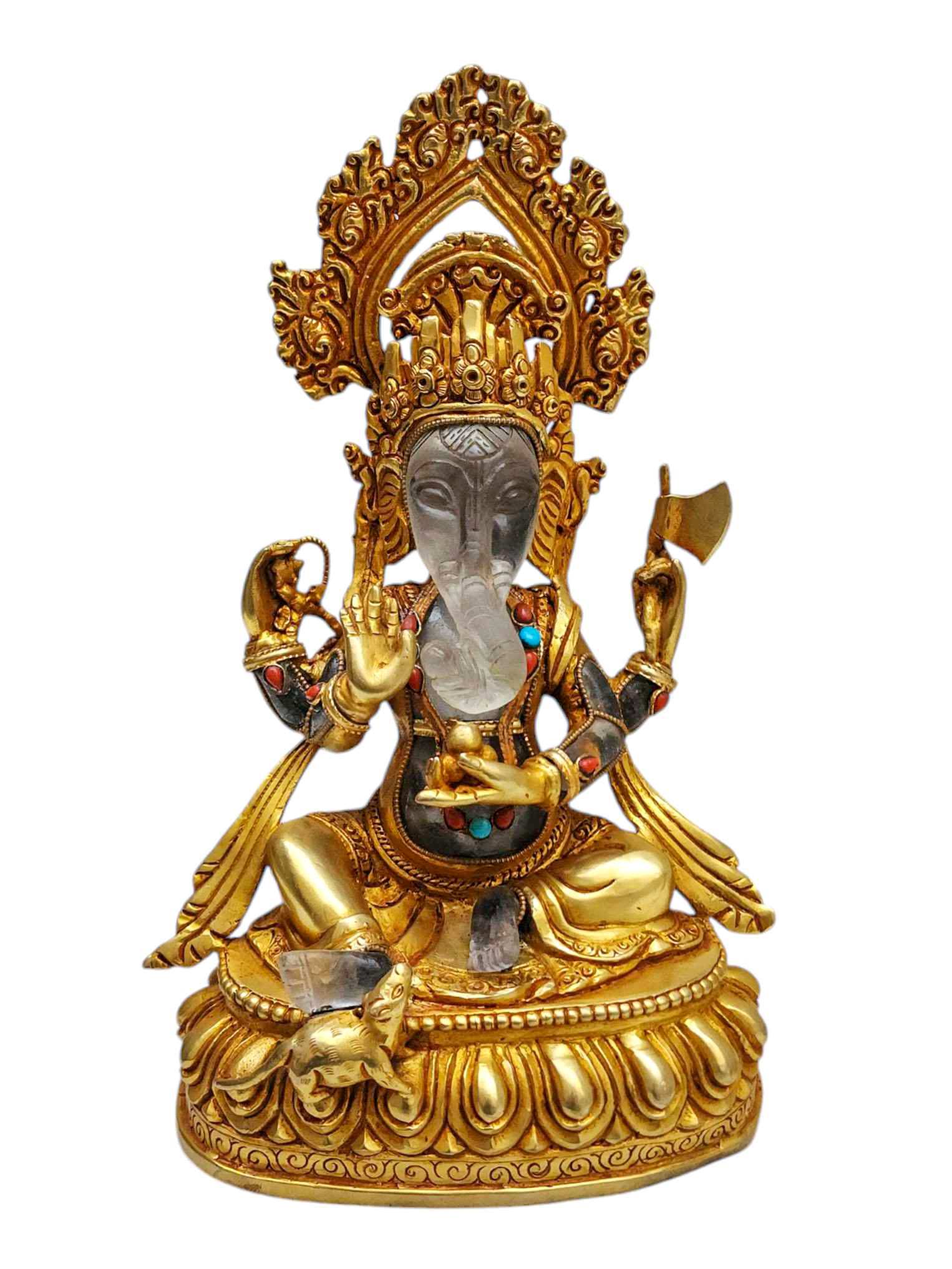 Crystal Ganesha Statue With metal - Stone Craft - Partly Gold Plated
