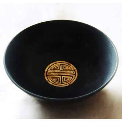 Glossy - Flat Black Colored Chinese Symbol Design Singing Bowl, [select Accessories]