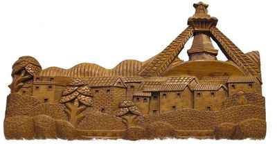 Wooden Hand Carved Kathmandu Swayambhunath, [natural Wood], Haldu Wood