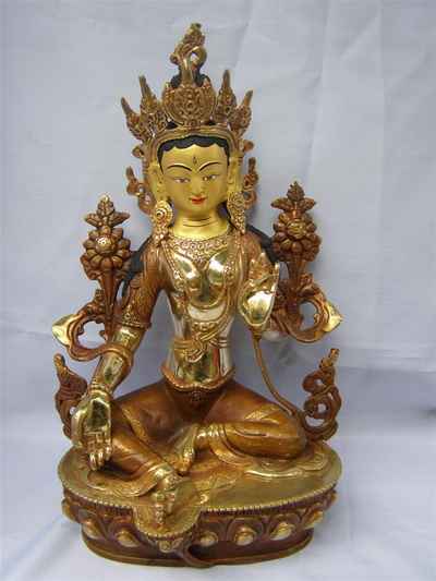 Green Tara Statue, [partly Gold Plated], [painted Face]