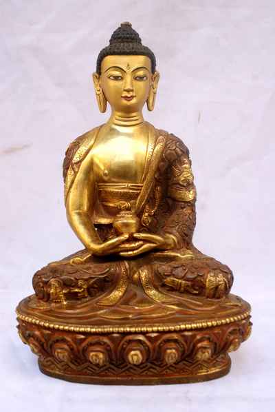 Amitabha Buddha Statue, [partly Gold Plated], [painted Face], [deep Carving], [old Post], [remakable]