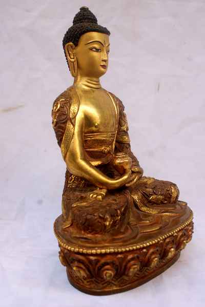 Amitabha Buddha Statue, [partly Gold Plated], [painted Face], [deep Carving], [old Post], [remakable]