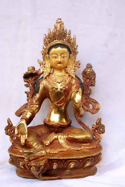 [best Price], Green Tara Statue, [partly Gold Plated], [painted Face] - For A Gift, Altars And Buddhist Ritual