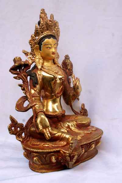 [best Price], Green Tara Statue, [partly Gold Plated], [painted Face] - For A Gift, Altars And Buddhist Ritual
