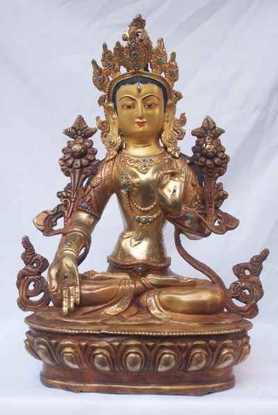 [best Price], White Tara Statue, [partly Gold Plated], [painted Face], For A Gift, Altars And Buddhist Ritual