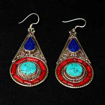 Turquoise, Coral, Lapis Earring