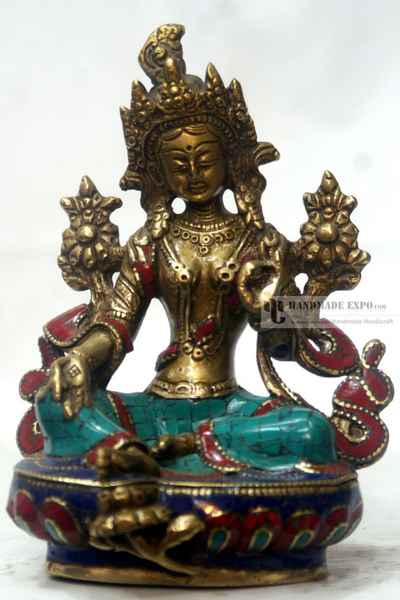 Green Tara Statue With Turquoise, Lapis, And Coral [stone Setting]