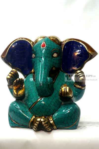 Long Ears Ganesh Statue With Turquoise And Lapis Stone Setting