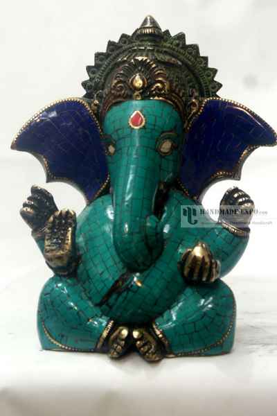 Ganesh Statue With Turquoise And Lapis Stone Setting
