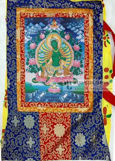 Green Tara Printed Thangka With Brocade