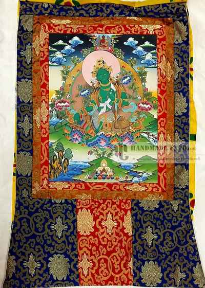 Green Tara Printed Thangka With Brocade