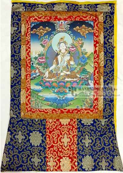 White Tara Printed Thangka With Brocade