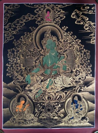 Buddhist Hand Painted Thangka Of Green Tara, With Amitabha Buddha