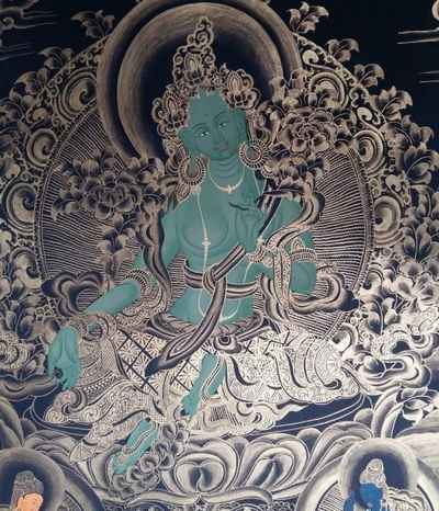 Buddhist Hand Painted Thangka Of Green Tara, With Amitabha Buddha