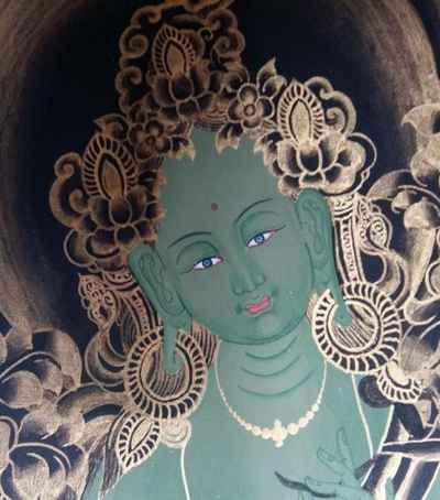 Buddhist Hand Painted Thangka Of Green Tara, With Amitabha Buddha