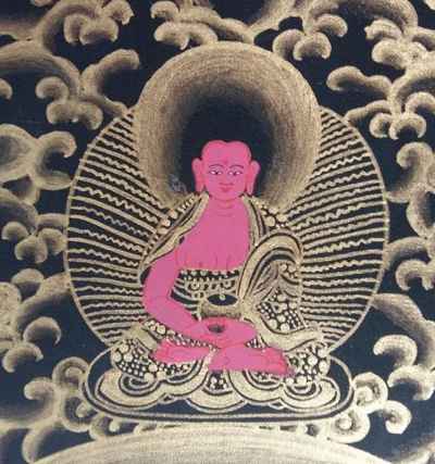 Buddhist Hand Painted Thangka Of Green Tara, With Amitabha Buddha