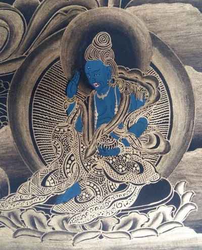 Buddhist Hand Painted Thangka Of Green Tara, With Amitabha Buddha