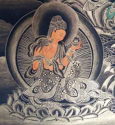 Buddhist Hand Painted Thangka Of Green Tara, With Amitabha Buddha
